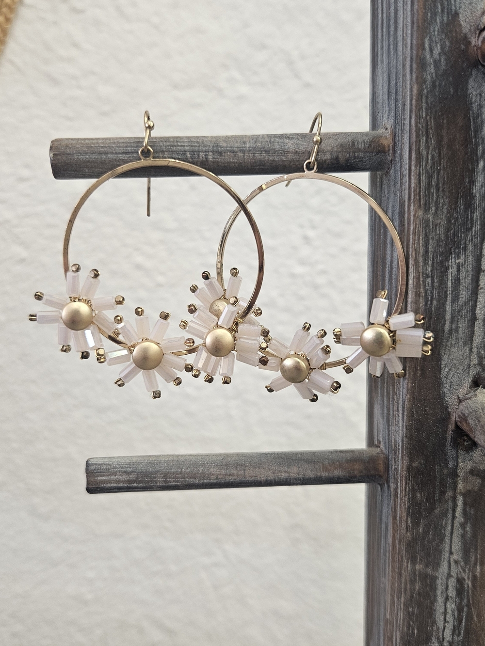 Gold Hoop Earrings with Blush Pink Beaded Flowers